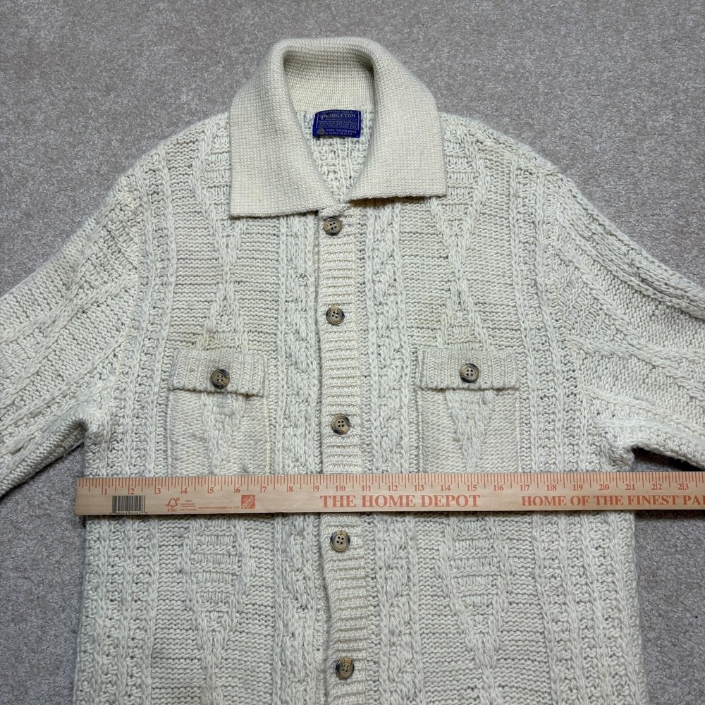 Vtg Pendleton Cardigan Sweater Mens XL Fits L White Wool Aran Cable Knit USA 70s - Picture 4 of 10